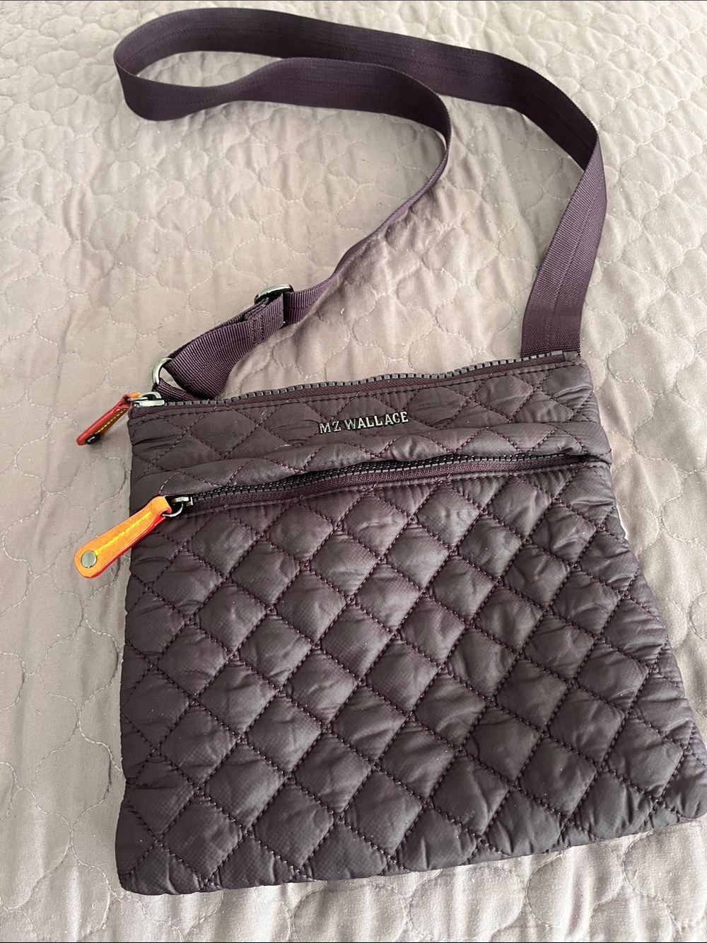 MZ Wallace Quilted Crossbody in Plum with Orange Accents